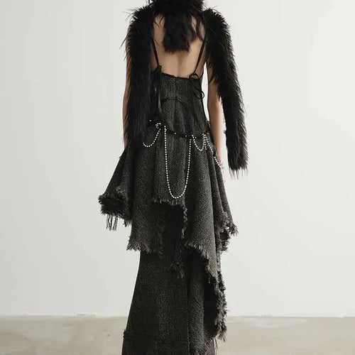 Load image into Gallery viewer, Women 25% Wool Irregular Tassels Burr Hem Vintage Dress New V-Neck Sleeveless Fashion Tide Autumn Winter 2025 1DH4036
