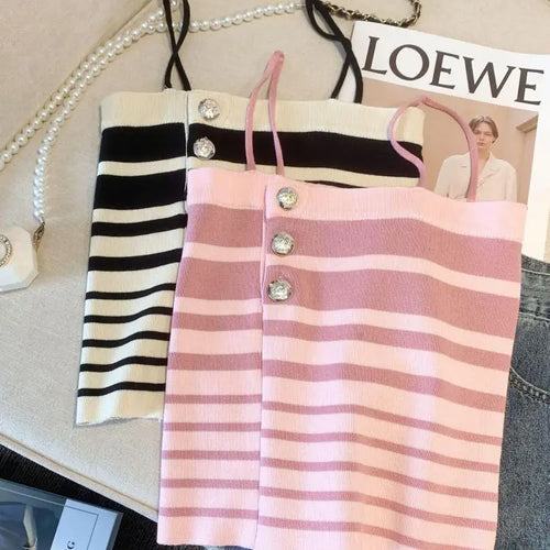 Load image into Gallery viewer, Retro Women Black White Striped Knit Crochet Top Summer Sexy Pink Patchwork Backless Single Breasted Short Spaghetti Strap Tops

