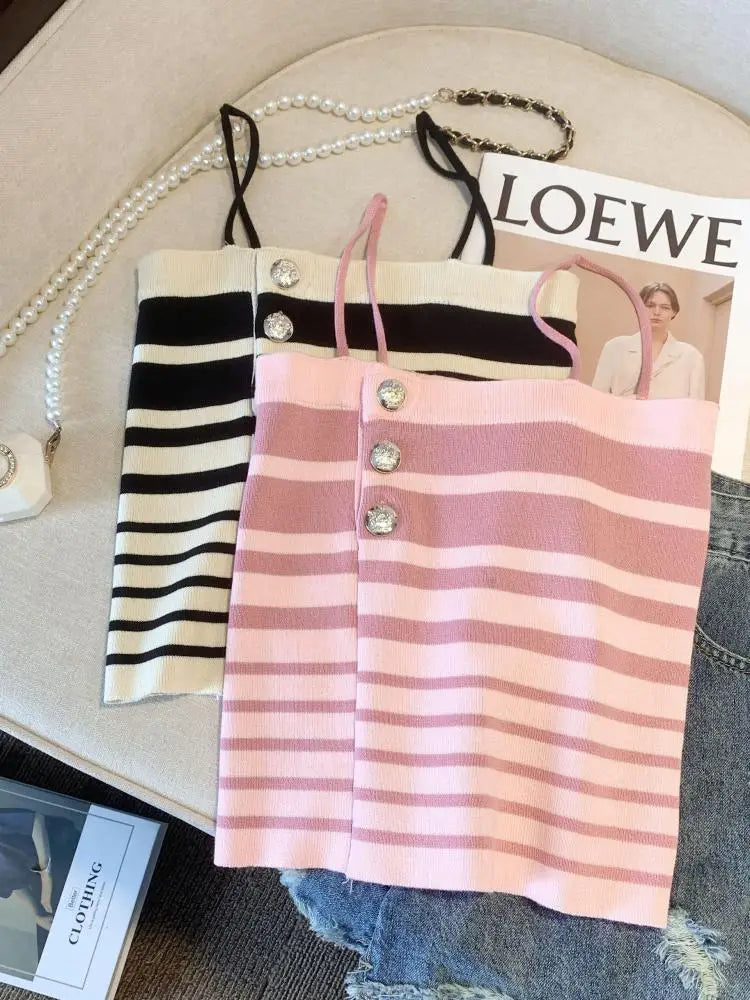 Retro Women Black White Striped Knit Crochet Top Summer Sexy Pink Patchwork Backless Single Breasted Short Spaghetti Strap Tops