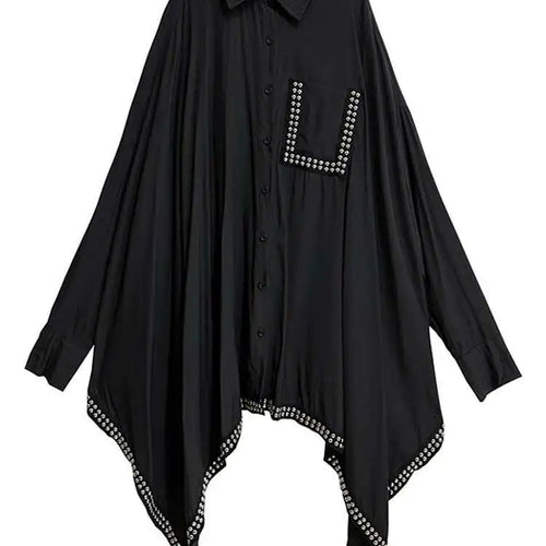 Load image into Gallery viewer, Women Black Irregular Hem Rivet Pocket Big Size Shirt Dress New Lapel Long Sleeve Fashion Tide Spring Autumn 2025 1DH7268

