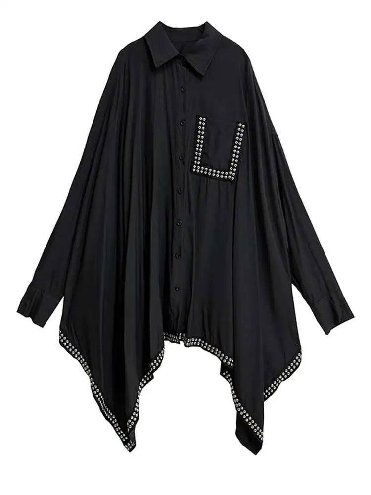 Women Black Irregular Hem Rivet Pocket Big Size Shirt Dress New Lapel Long Sleeve Fashion Tide Spring Autumn 2025 1DH7268