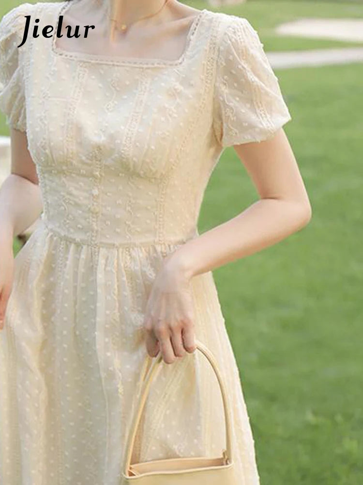 White Square Neck Puff Sleeve Women's Dresses French Style Solid Color Fashion Elegant Office Ladies Summer Slim Dress