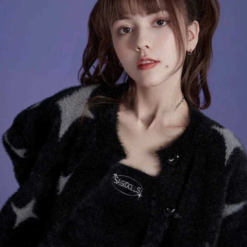 Load image into Gallery viewer, Korean Fashion Black Sweaters Women Star Print Cashmere Cardigan Y2k  Knitted Coats Female Cardigans All Match Sueter Oversized
