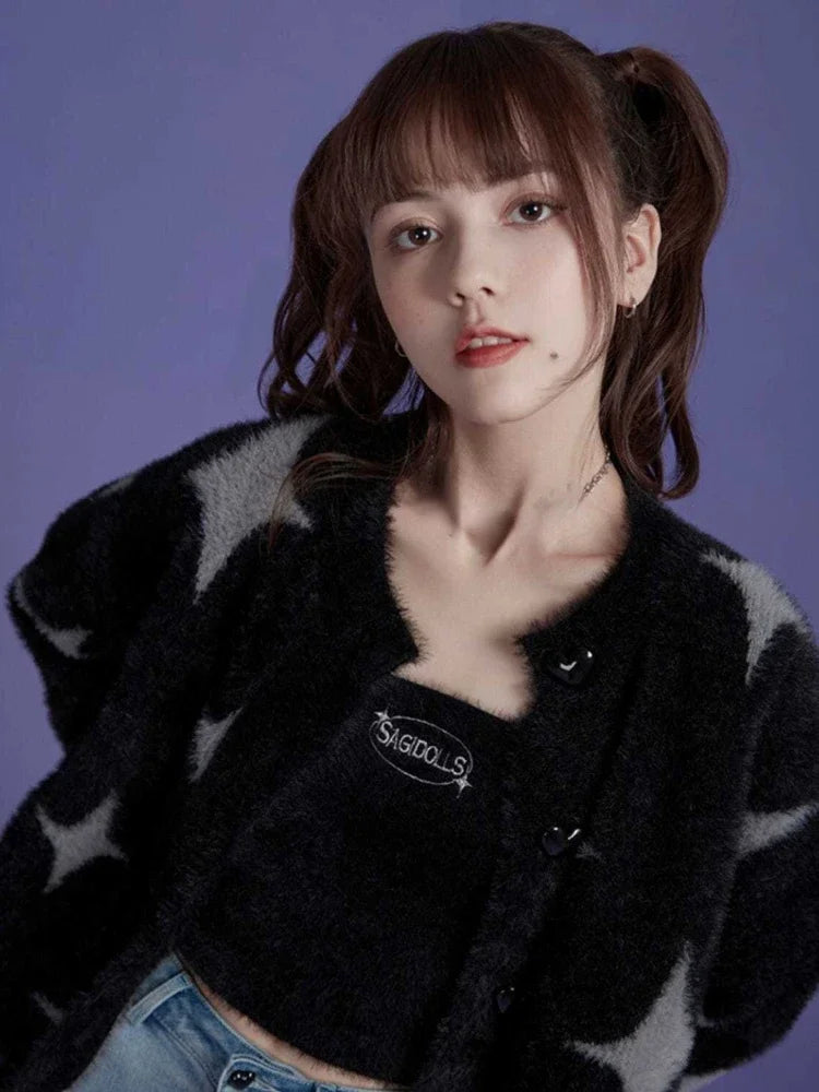 Korean Fashion Black Sweaters Women Star Print Cashmere Cardigan Y2k  Knitted Coats Female Cardigans All Match Sueter Oversized