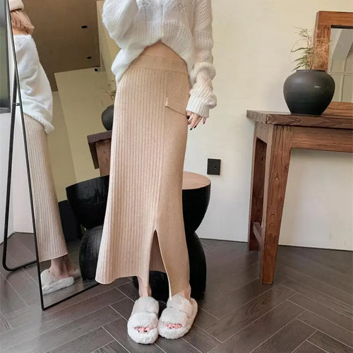 Load image into Gallery viewer, Women Solid Festival Knitted Long Skirt High Waist Slim Autumn Winter Elastic Waist Wrap Hip Split Skirts Fashion Elegant Ladies
