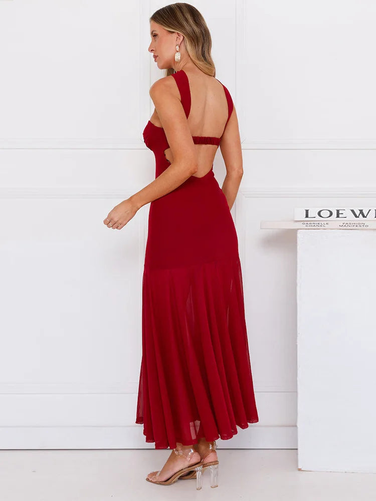 Scarf collar strapless sexy maxi dress women gown off-shoulder backless sleeveless A-line bodycon club long dress