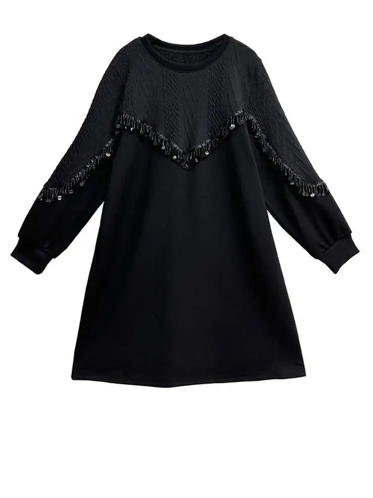 Women Black Sequins Big Size Knee-Length Casual Dress New Round Neck Long Sleeve Fashion Tide Spring Autumn 2025 1DH8736