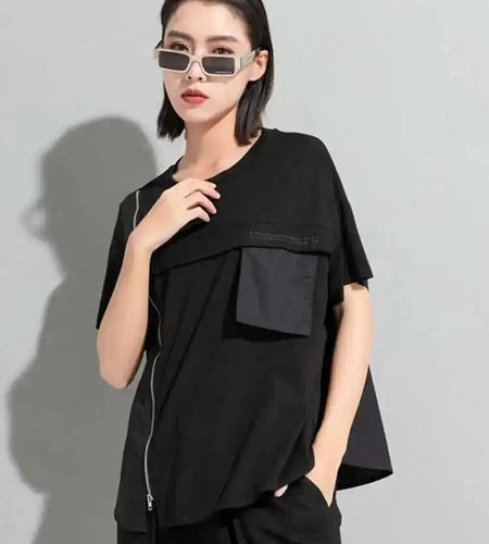 Women Black Zipper Pockets Casual Big Size T-shirt New Round Neck Short Sleeve Fashion Tide Spring Summer 2025 1DF5303