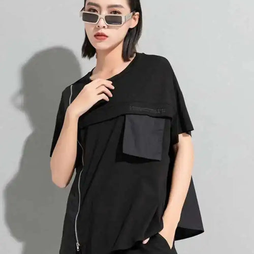 Load image into Gallery viewer, Women Black Zipper Pockets Casual Big Size T-shirt New Round Neck Short Sleeve Fashion Tide Spring Summer 2025 1DF5303
