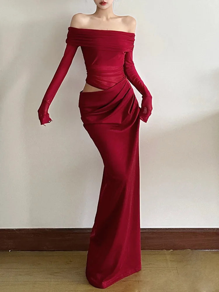 Elegant Mesh Patchwork One Shoulder Dress For Women 2025 New Women Sexy Mesh Perspective Long Dress Party Evening Dress