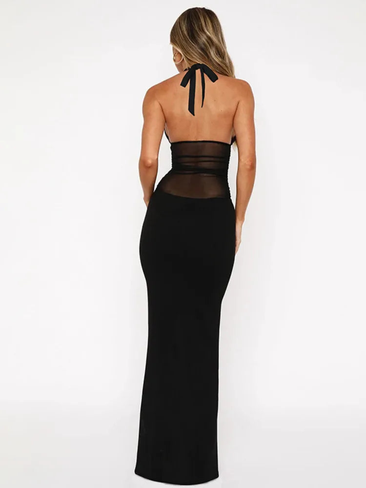 Mesh See Through Halter Sexy Maxi Dress Women Gown Fashion Deep V Neck Sleeveless Backless Bodycon Long Dress Elegant