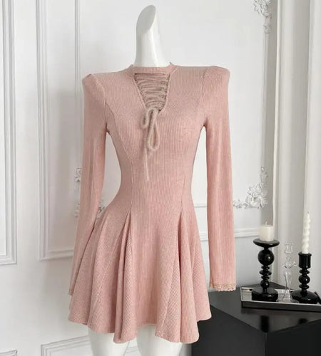 Autumn Winter Women Sweet Pink Lace-up Round Neck Long Sleeved Pleated Short Dress 2024 Sexy Elegant High Waist Mini Knit Dress