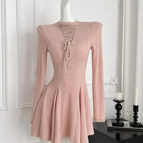 Load image into Gallery viewer, Autumn Winter Women Sweet Pink Lace-up Round Neck Long Sleeved Pleated Short Dress 2024 Sexy Elegant High Waist Mini Knit Dress
