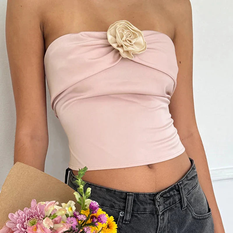 Fashion Chic Flower Pink Strapless Tube Top Zipper Sweet Coquette Summer Crop Tops Female Elegant Mini Party Clothing