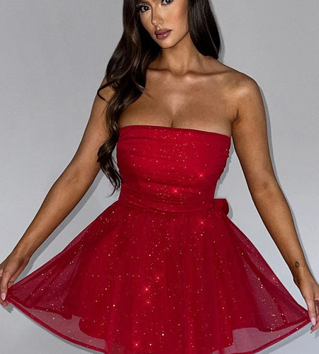 Mesh Strapless Sparkle Sexy Mini Dress For Women Fashion Backless Bow Pleated Dresses Femme Club Party Dress Elegant