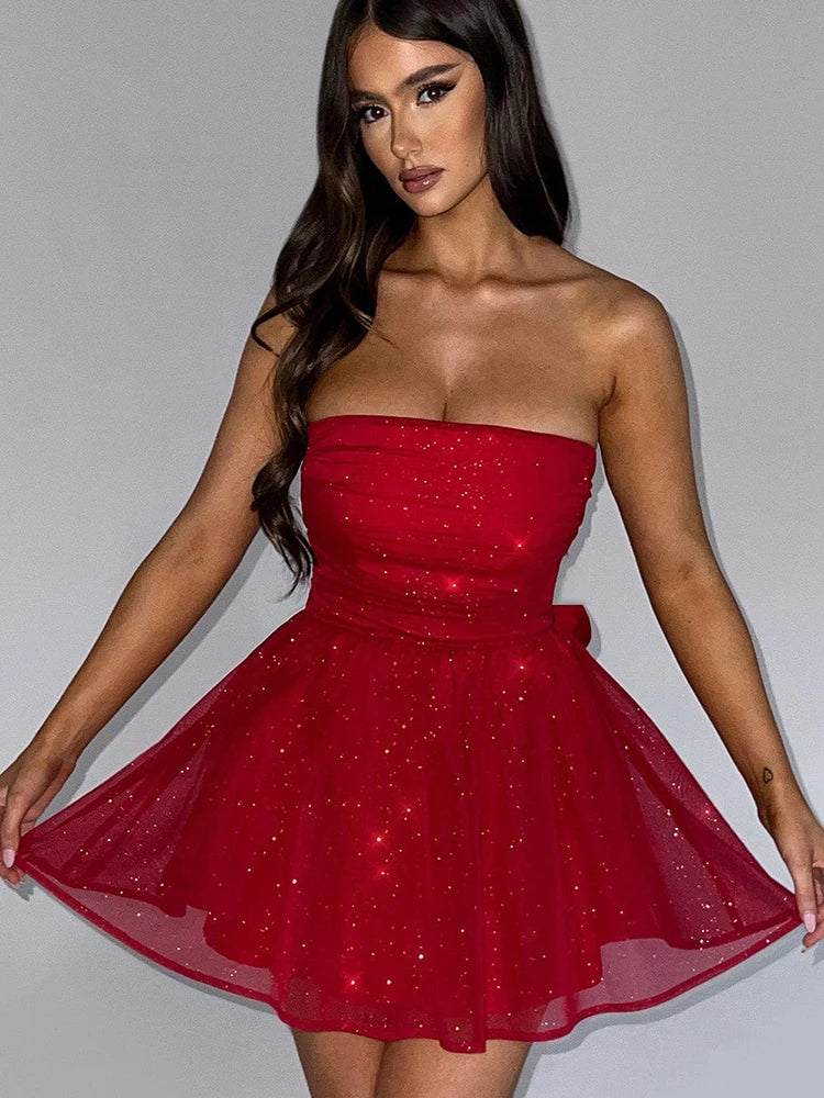 Mesh Strapless Sparkle Sexy Mini Dress For Women Fashion Backless Bow Pleated Dresses Femme Club Party Dress Elegant