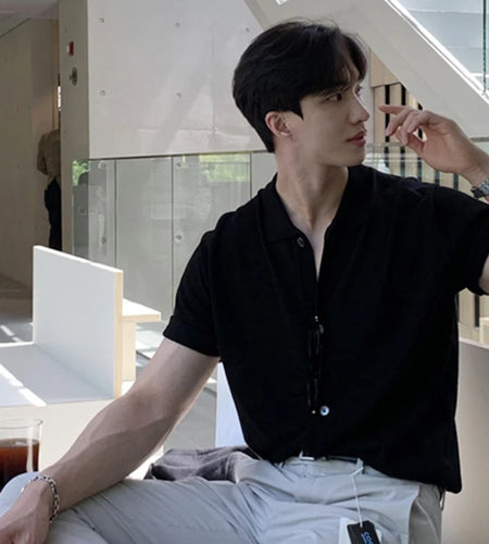 Men's T-shirts Solid Color Turn-down Collar Short Sleeved Single Breasted New Korean Summer Casual Male T-shirt 9W1361