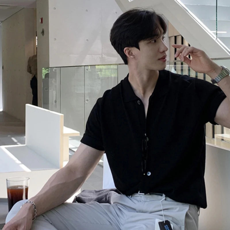 Men's T-shirts Solid Color Turn-down Collar Short Sleeved Single Breasted New Korean Summer Casual Male T-shirt 9W1361