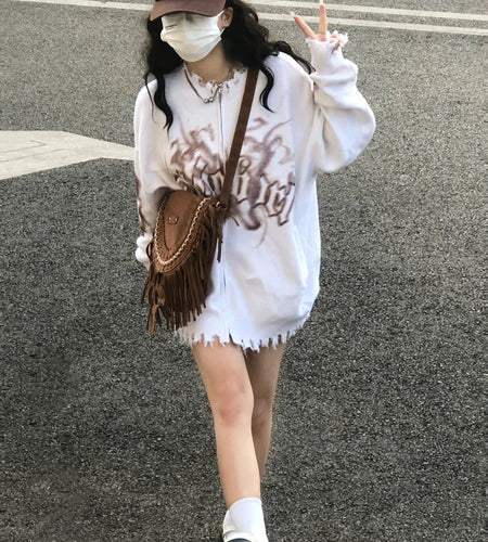 Y2k Cardigan Women Ripped Oversized Jumper Vintage Tie Dye Letter Knitted Zipper Sweater Jackets Harajuku Streetwear