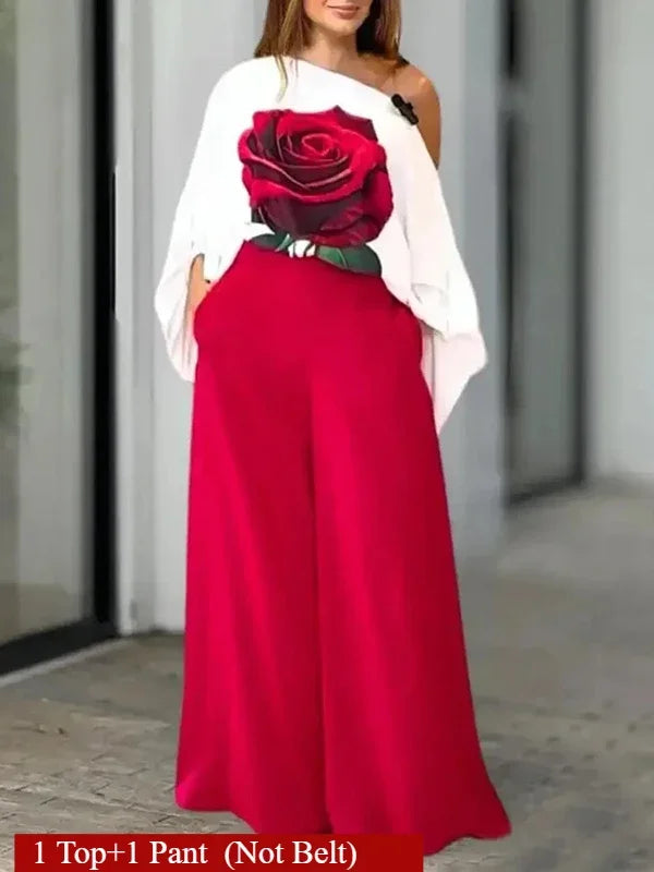 Summer Women 2 Piece Set Outfit Pants Rose Flower Print Blouse Tops Loose Wide Leg Trousers Clothes for Women