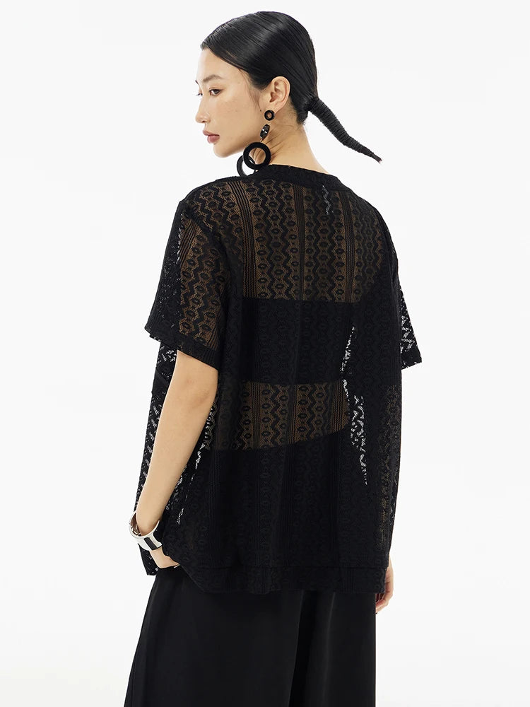 Women White Lace Perspecvtive Big Size Thin T-shirt New Round Neck Short Sleeve Fashion Tide Spring Summer 2025 1DH5692