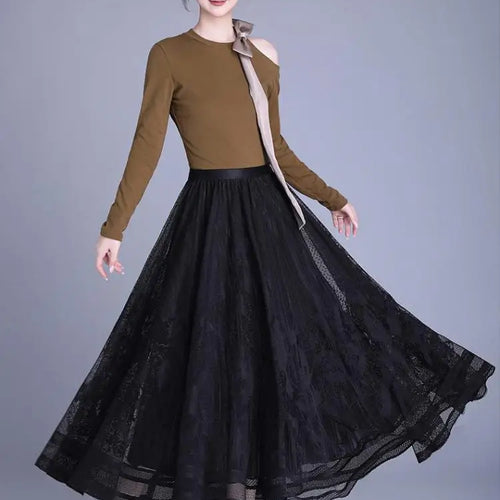 Load image into Gallery viewer, Spring Summer Women Vintage Black White Lace Elegant Long Skirts French Fashion Brown High Waist Vacation Pleated Skirt Popular
