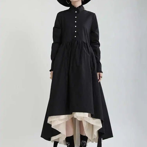 Load image into Gallery viewer, Women Black Layers Irregular Long Elegant Dress New Stand Collar Long Sleeve Fashion Tide Spring Autumn 2025 1DH9894
