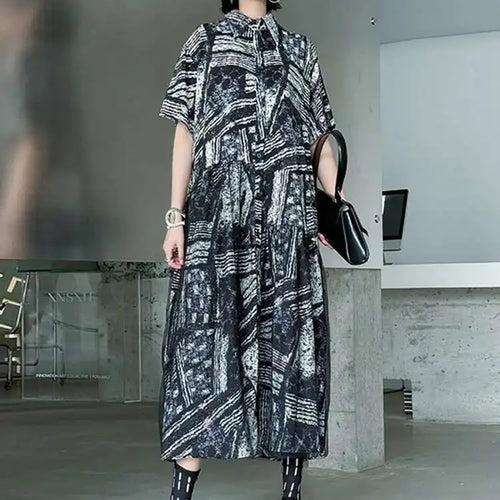 Load image into Gallery viewer, Women Black Pattern Printed Big Size Mesh Midi Shirt Dress New Lapel Short Sleeve Fashion Tide Spring Summer 2025 1DJ0636
