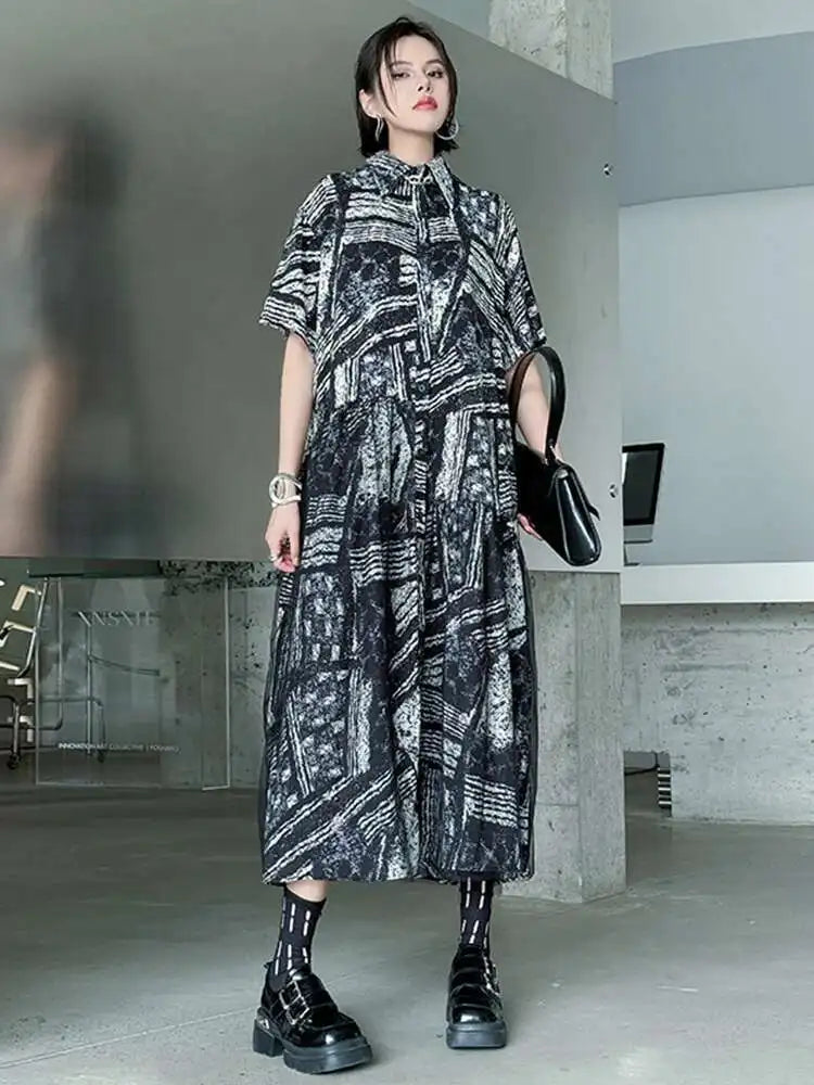 Women Black Pattern Printed Big Size Mesh Midi Shirt Dress New Lapel Short Sleeve Fashion Tide Spring Summer 2025 1DJ0636