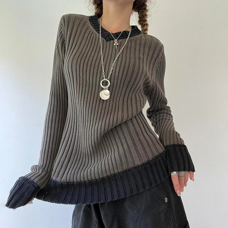 Vintage Fashion Autumn Winter Women Sweaters Patched Y2K Knit Jumper Contrast Preppy Style Pulover Knitwears Outfits