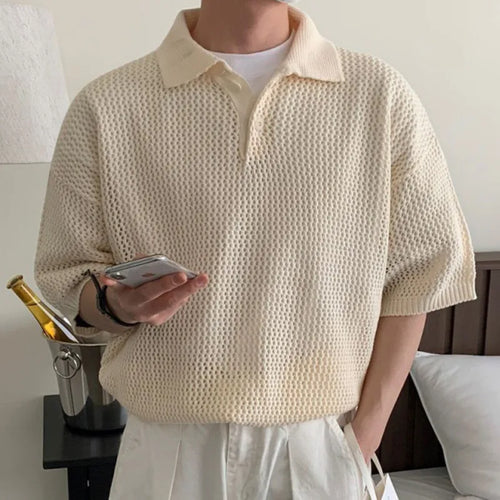 Load image into Gallery viewer, Simple Loose Men&#39;s T-shirts Knitting Casual Solid Color Lapel Short Sleeve Hollow Out Tops Summer Simple 9C6071
