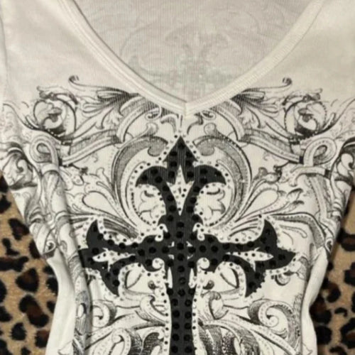 Load image into Gallery viewer, Harajuku Vintage Cross Printing T-shirts Streetwear White Y2k Aesthetic Loose Sexy Tshirts Women Grunge Diamond Autumn Tops
