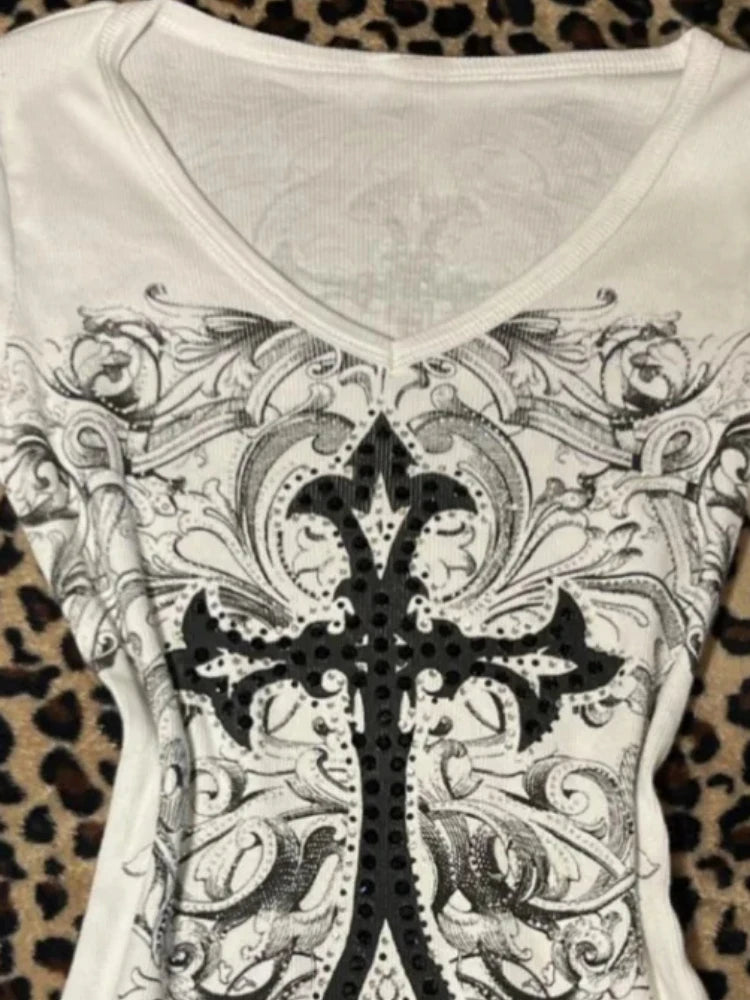Harajuku Vintage Cross Printing T-shirts Streetwear White Y2k Aesthetic Loose Sexy Tshirts Women Grunge Diamond Autumn Tops