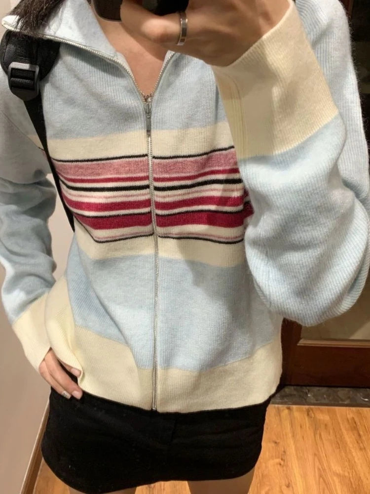 Vintage Ins Fashion Striped Cardigan Women Autumn Thin Casual Slim Knit Sweater Coat Y2k Aesthetic Grunge Kardigan Cute