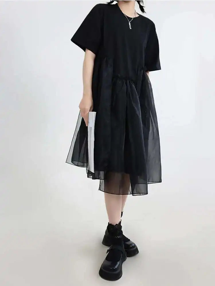 Women Black Organza Big Size Casual Dress New Round Neck Short Sleeve Loose Fit Fashion Tide Spring Summer 2025 1DF5074