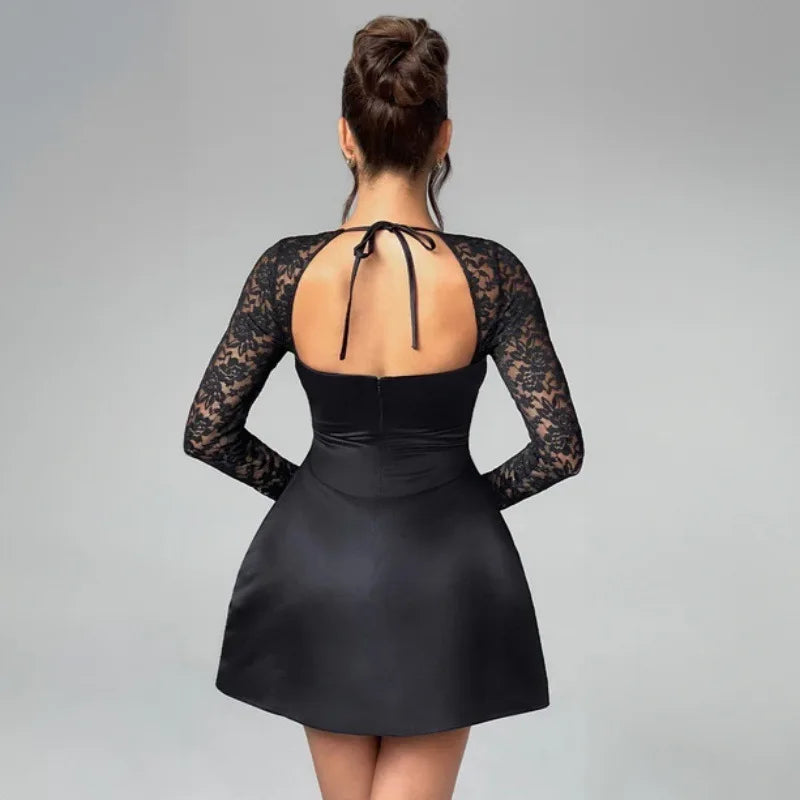 Lace Long Sleeve Sexy Mini Dress For Women Robe Square Collar Backless A-line High Waist Club Party Sexy Dress Fashion