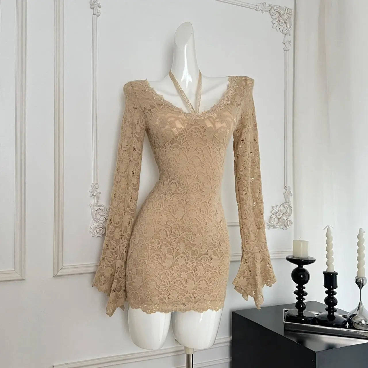 Autumn Ladies Brown Lace V-neck Party Mini Dress French High Waist Sexy Club Elegant Zipper Wrap Hip Pleated Short Dress Popular