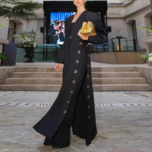 Load image into Gallery viewer, Womens Black Long Jackets 2025 Summer Spring Hollow Split-Joint Streamer Womens X-long Traf Trench Coat Female
