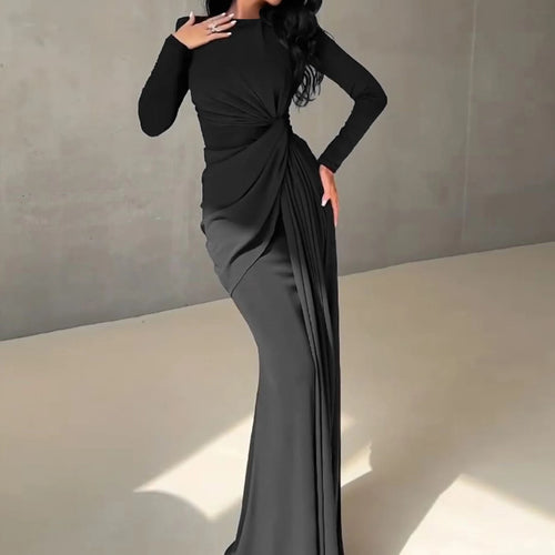 Load image into Gallery viewer, Spring Eleagnt Solid Long Sleeve Shoulder Pads Ruched Sexy Maxi Dress Women New Clothes Evening Party Festival
