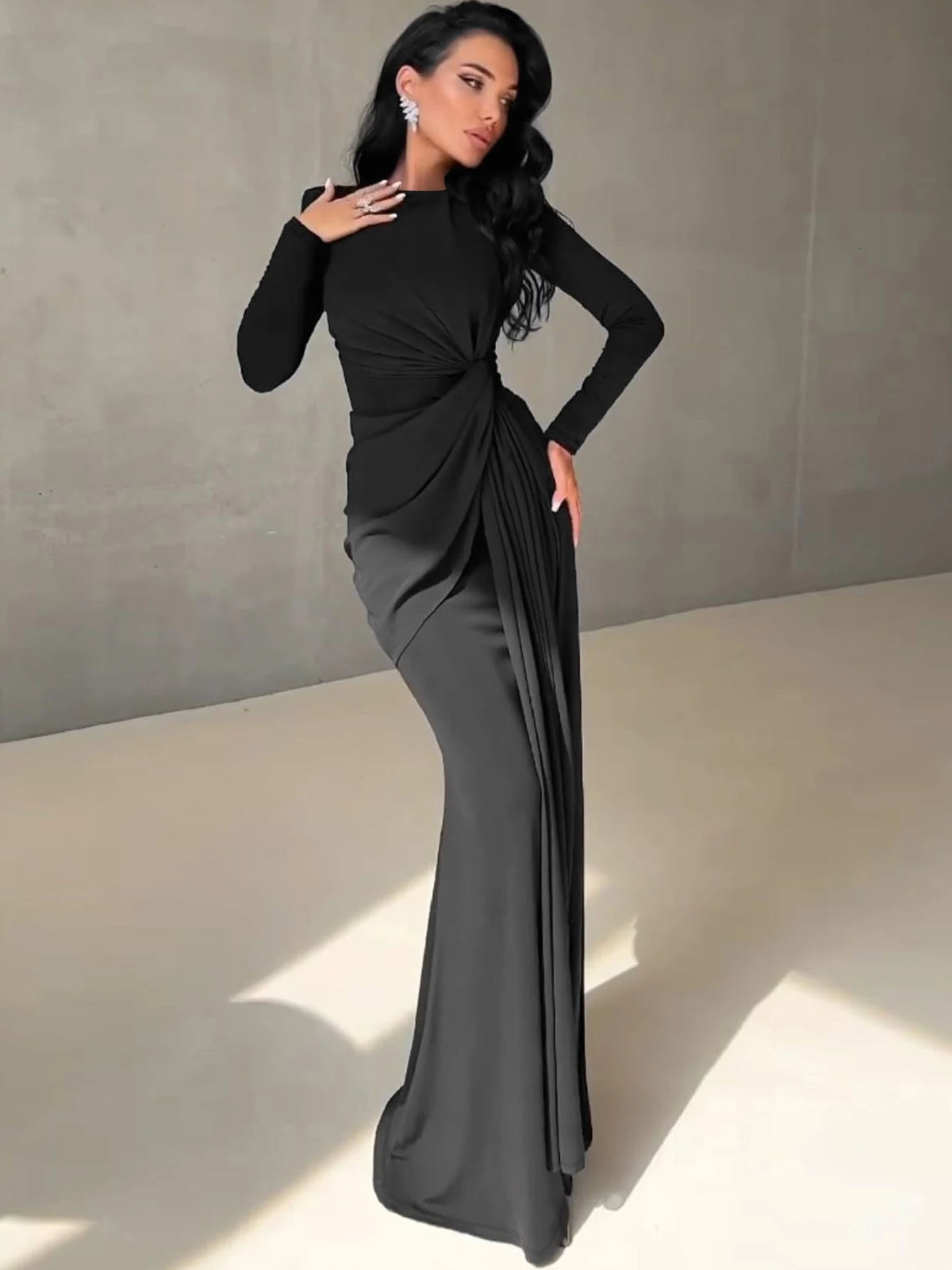 Spring Eleagnt Solid Long Sleeve Shoulder Pads Ruched Sexy Maxi Dress Women New Clothes Evening Party Festival