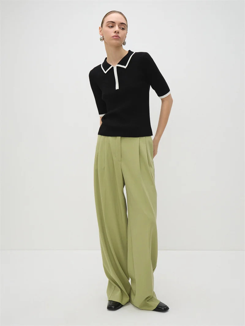 Short Sleeve Knit T-shirt Women Sweater Pullovers Summer Female Patchwork Ribbed Lapel Slim Knitted Tops Sweaters