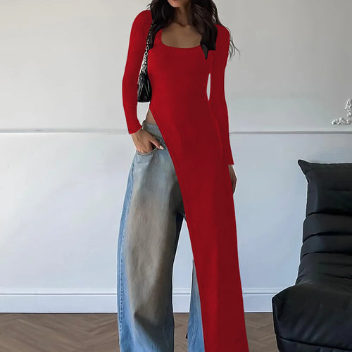 Load image into Gallery viewer, Spring Fashion Solid Long Sleeve Slit Irregular Sexy Bodycon Maxi Dress Women Casual Y2K New Outfits Party Vacation
