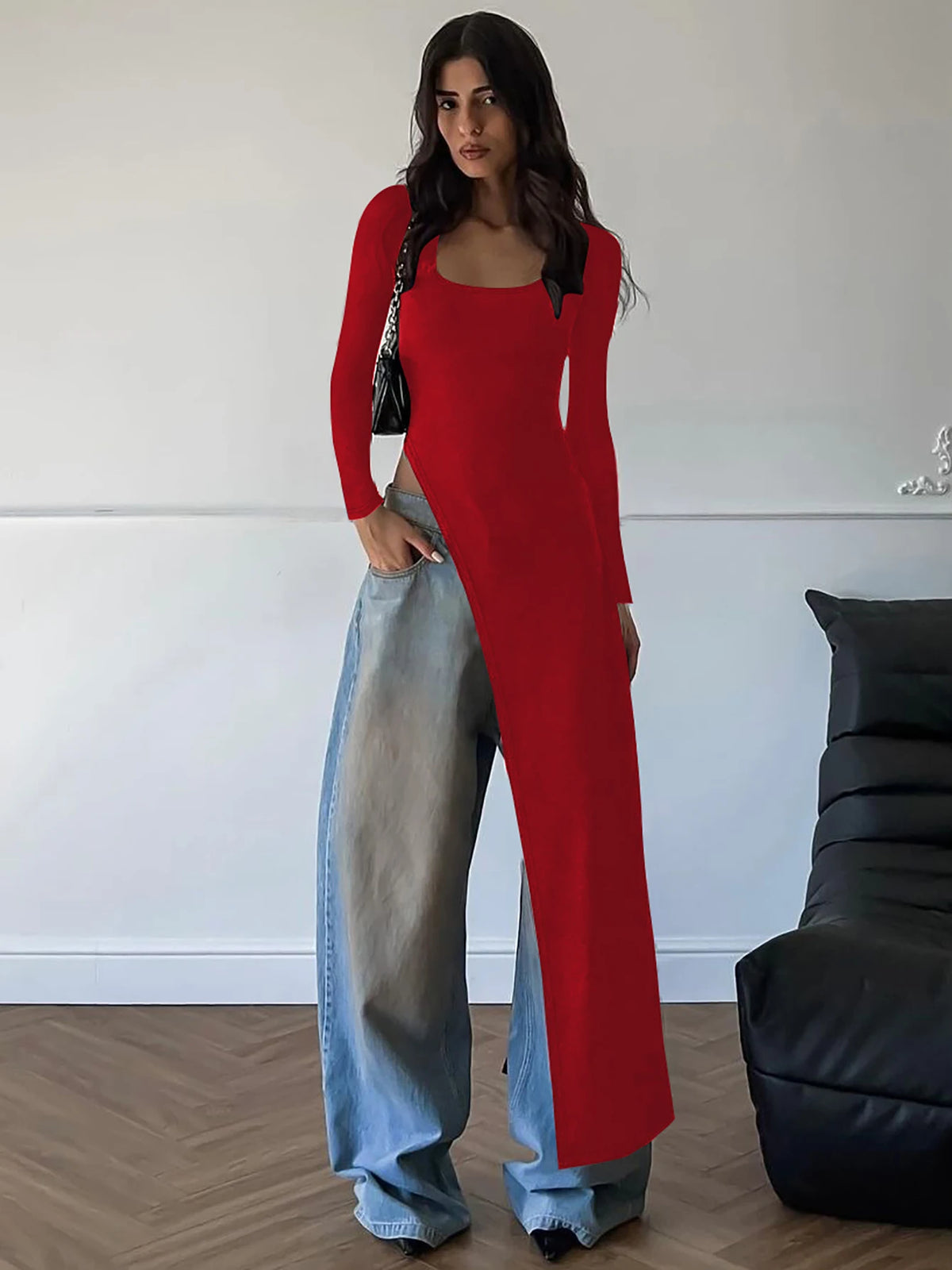 Spring Fashion Solid Long Sleeve Slit Irregular Sexy Bodycon Maxi Dress Women Casual Y2K New Outfits Party Vacation