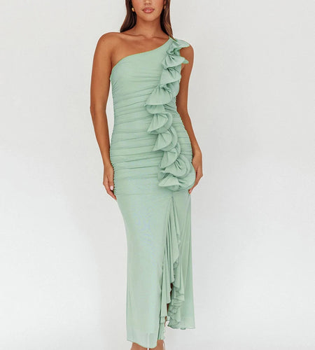 One Shoulder Draped Ruffle Maxi Dress Women Gown Fashion Diagonal Collar Backless Sleeveless Split Long Dress Elegant