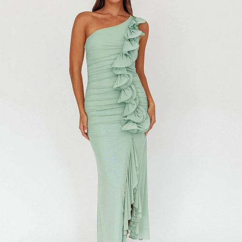 Load image into Gallery viewer, One Shoulder Draped Ruffle Maxi Dress Women Gown Fashion Diagonal Collar Backless Sleeveless Split Long Dress Elegant
