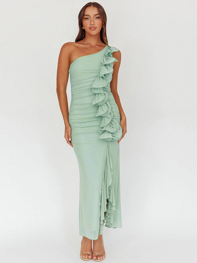 One Shoulder Draped Ruffle Maxi Dress Women Gown Fashion Diagonal Collar Backless Sleeveless Split Long Dress Elegant