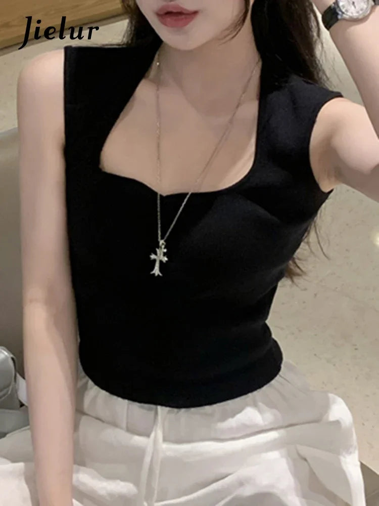 Summer Sexy White Basic Female Tanks Sleeveless Solid Color Square Neck Chic Women's Tanks Fashion Simple Office Ladies