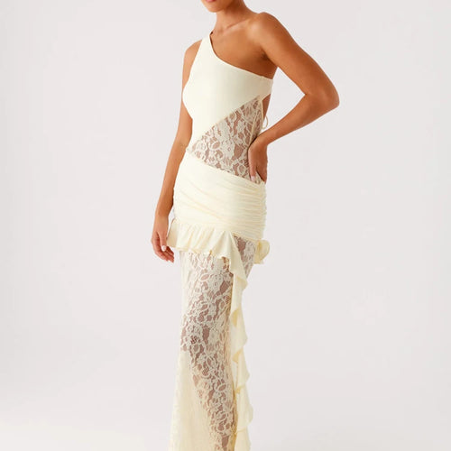 Load image into Gallery viewer, One Shoulder Backless Sexy Maxi Dress Women Lace Patchwork Fashion Sleeveless Lace-up Draped Ruffle Club Long Dress
