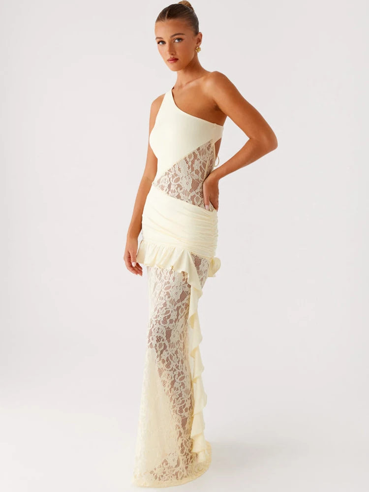 One Shoulder Backless Sexy Maxi Dress Women Lace Patchwork Fashion Sleeveless Lace-up Draped Ruffle Club Long Dress