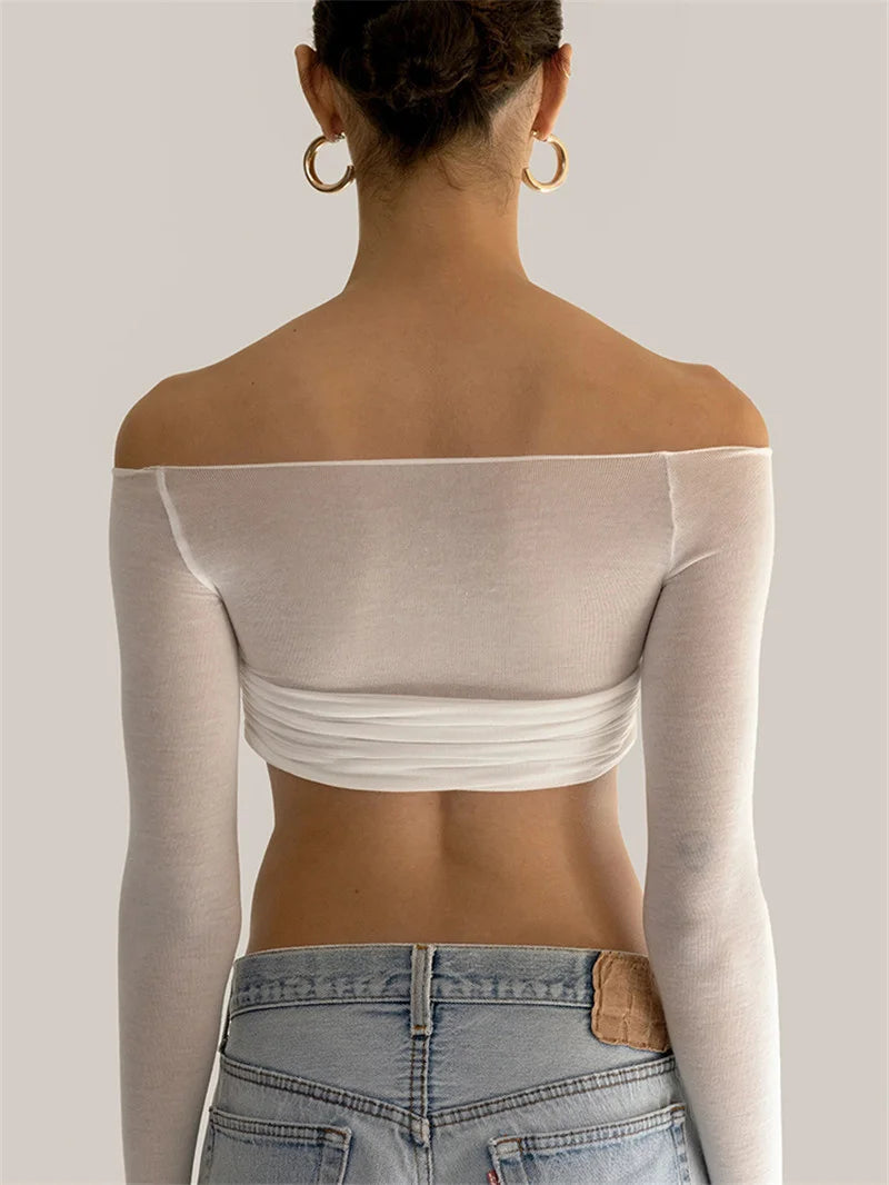 See Through Mesh Crop Top Women Pullovers Strapless Short Knit Cropped Tops Ladies Tee Shirt Sexy Off-shoulder T-shirt